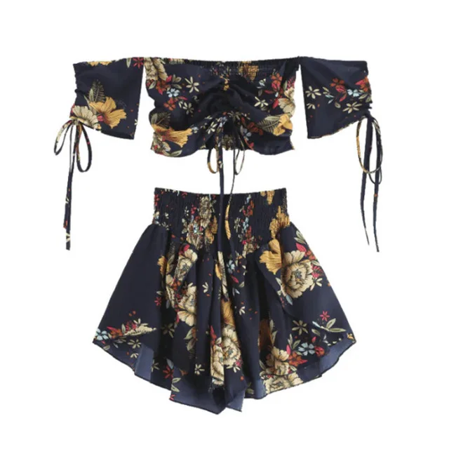 Женский пляжный комплект с открытыми плечами цветочным принтом и коротким