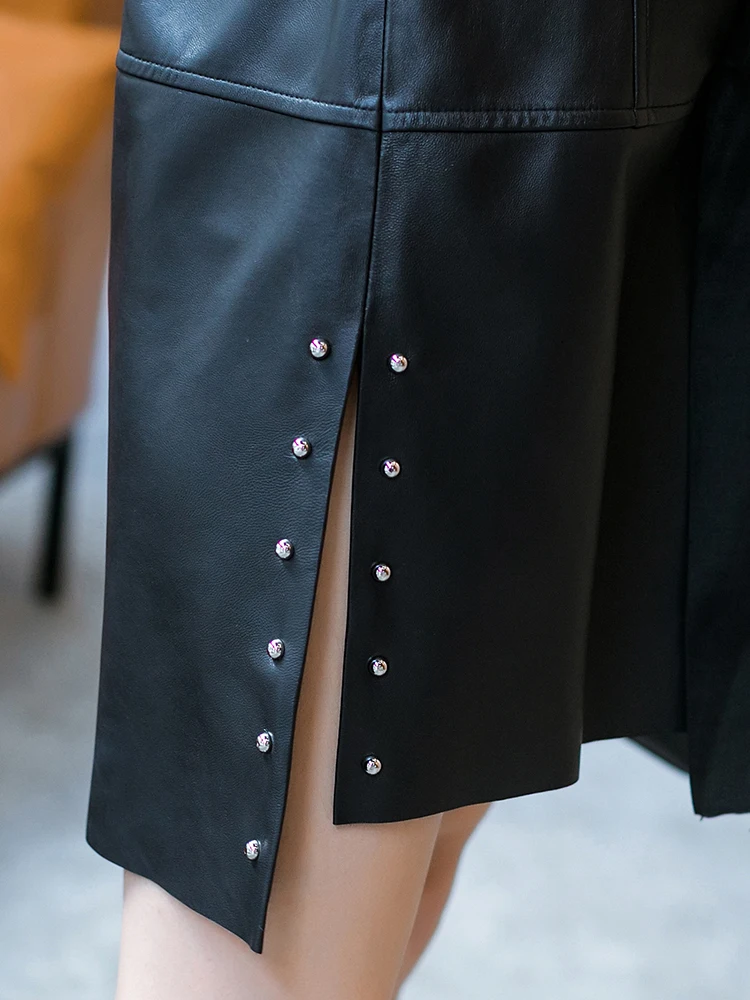 

JCHB 2021 genuine leather dress Korean Women's style loose autumn and winter short and long sheepskin split skirt lace-up sheeps