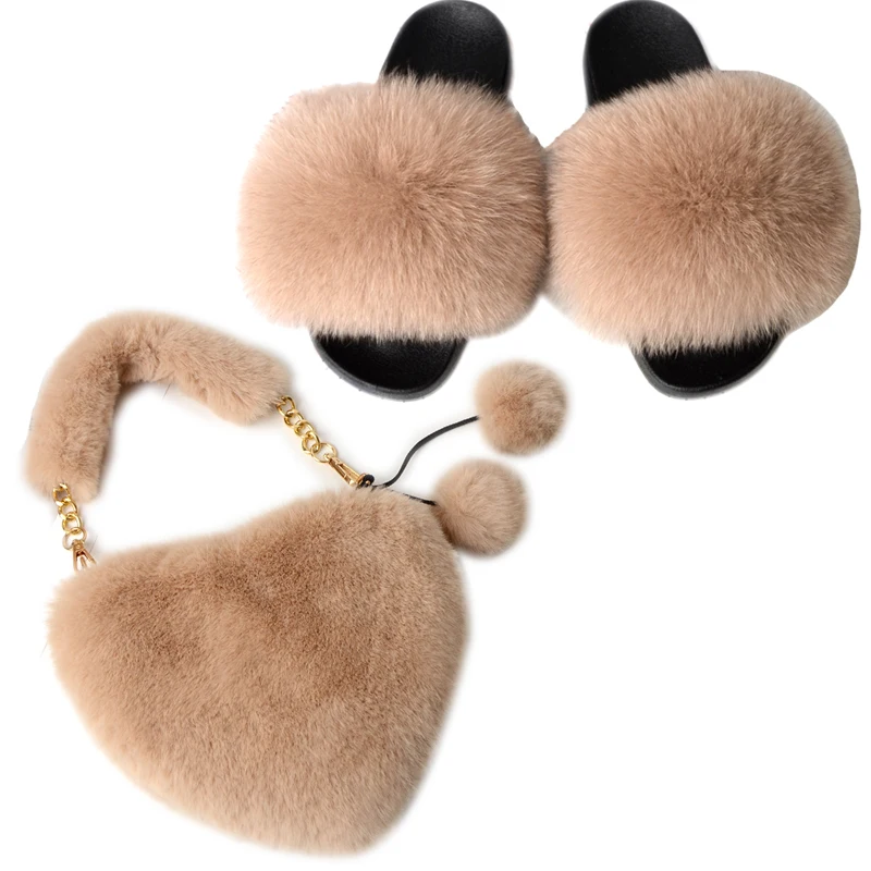 

Woman Fox Wool Shoes Real Fox Fur Slippers Summer Women's Shoes Fashion Cute Plush Heart Bag Female Furry Love Handbag Chain Bag