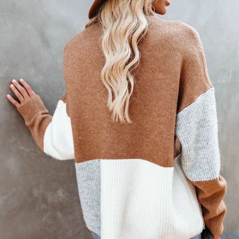 

Diiwii Women Long Sleeve Loose Knitted Sweaters Fashion Color Block Turtleneck Elegant Jumpers Casual Pullovers Autumn Winter