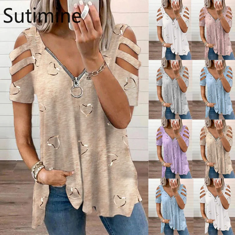 

Женские футболки на молнии, белый топ с открытыми плечами, топы, футболка с V-образным вырезом, женская одежда с цветочным принтом, повседнев...