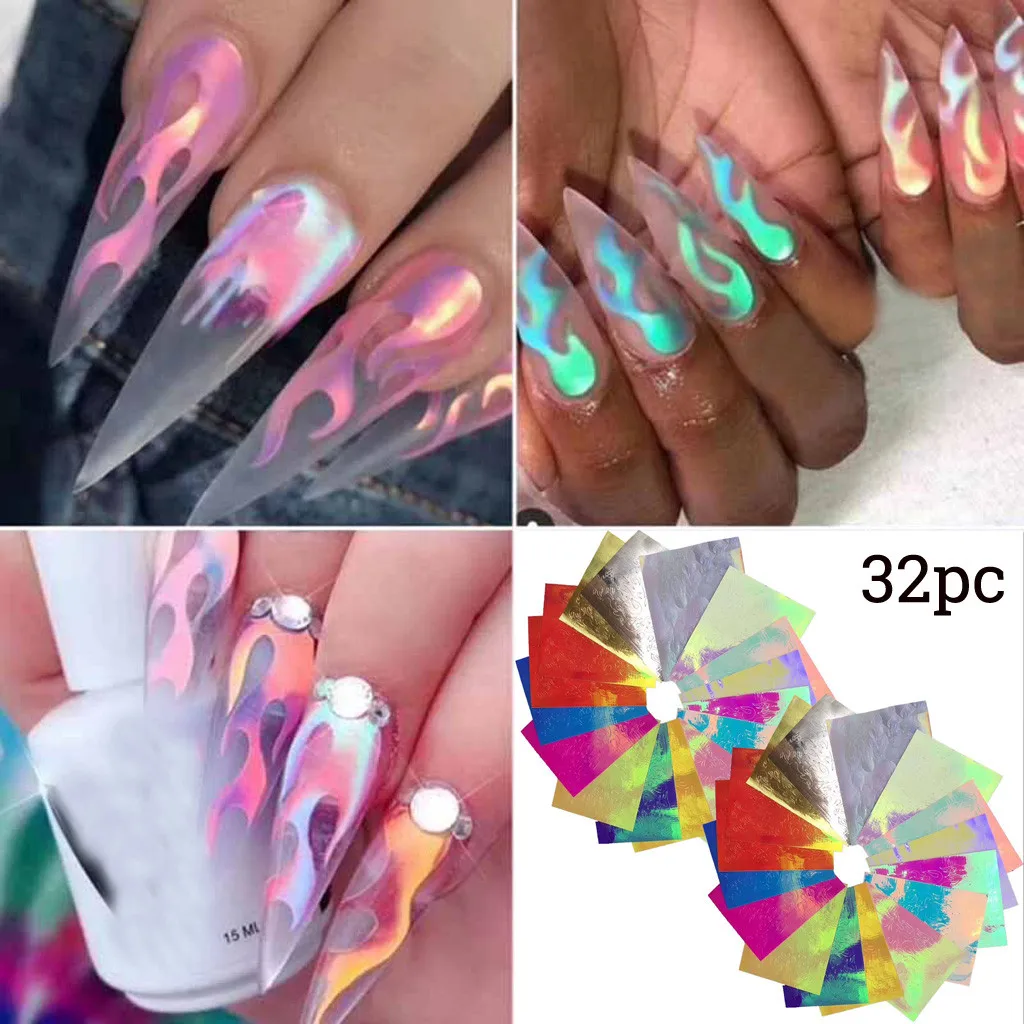 32 шт. пламенная наклейка для ногтей Aurora Fire Nail полоса Голографическая лента пламя