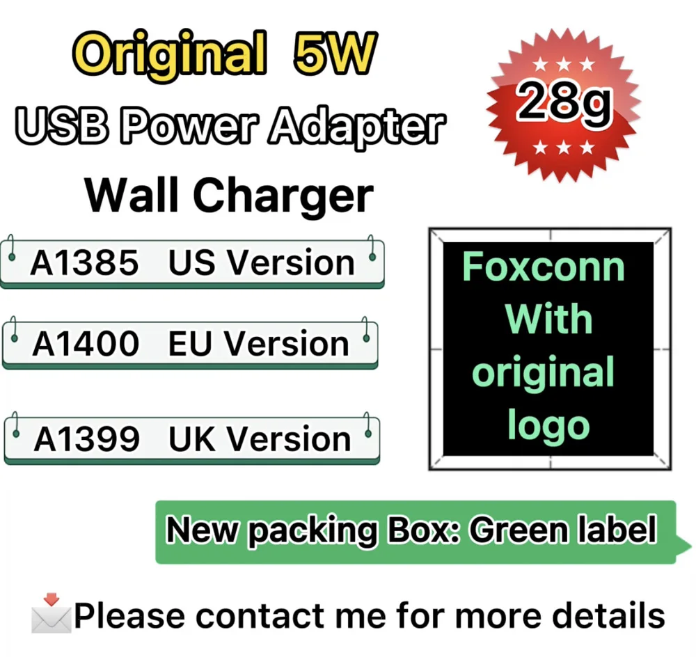 

10 шт./лот Оригинальное 28G US/EU A1400 A1385 5 Вт USB Сетевое зарядное устройство адаптер питания для Xs Max XR X 8 Plus адаптер для путешествий с зеленой этике...