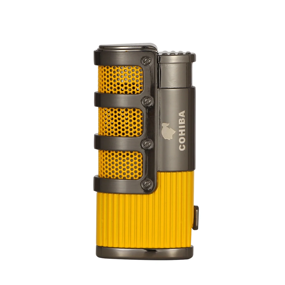 Зажигалка COHIBA металлическая карманная Бутановая Зажигалка для Сигар Зажигалка газовая ветрозащитная 3 струйная модная Зажигалка для Аксессуары для сигар W/Подарочная коробка - Цвет: Коричневый