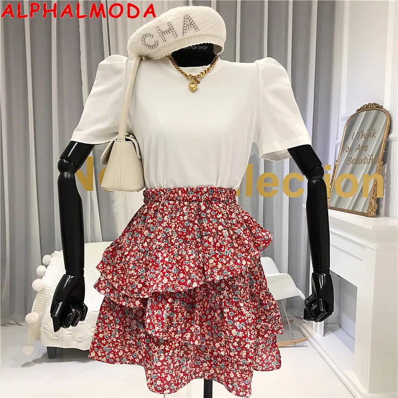 ALPHALMODA 2020 Summer New Floral High Waist Skirt + Puff Sleeve Tshirt Women Fashion 2pcs Suit Ladies Sweet Ruffled Top | Женская