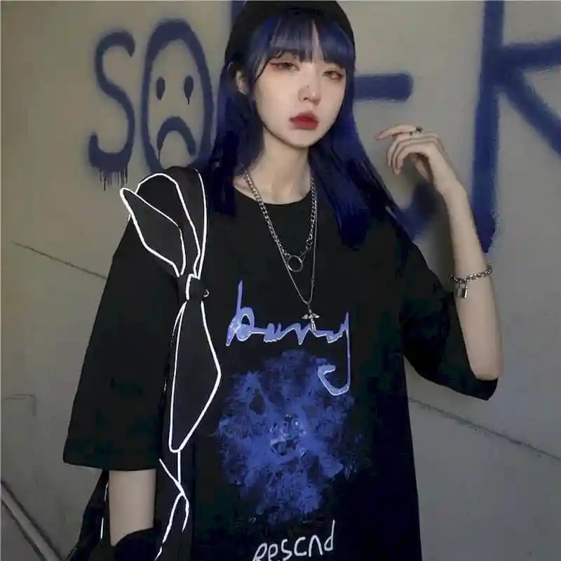 

Summer Korean Harajuku Tshirt Women T Shirt Dark Letter Printing Loose Short-sleeved T-shirt Students Men Women Ins Tide Tops