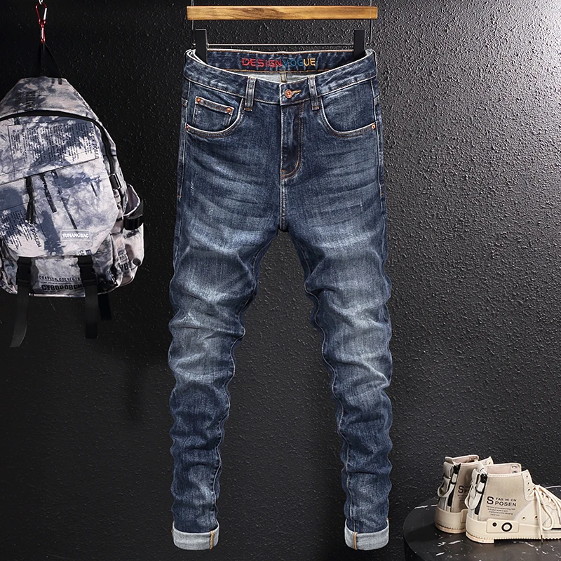 

Новые винтажные модные мужские джинсы высокого качества в стиле ретро синие эластичные прямые штаны с вышивкой дизайнерские джинсы мужски...