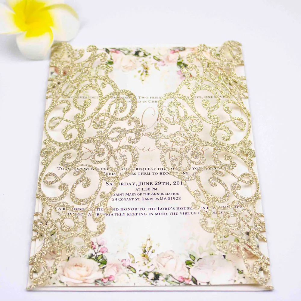 light gold glitter 10 шт. розовое золото бордовый винтажные свадебные пригласительные открытки конверт с лазерной резкой Пригласительные открытки - Цвет: light gold glitter