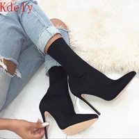 2020 new arriva stretch fabric women ankle boots pointed toe high heels slip on sexy sock heels chelsea boots size35 43