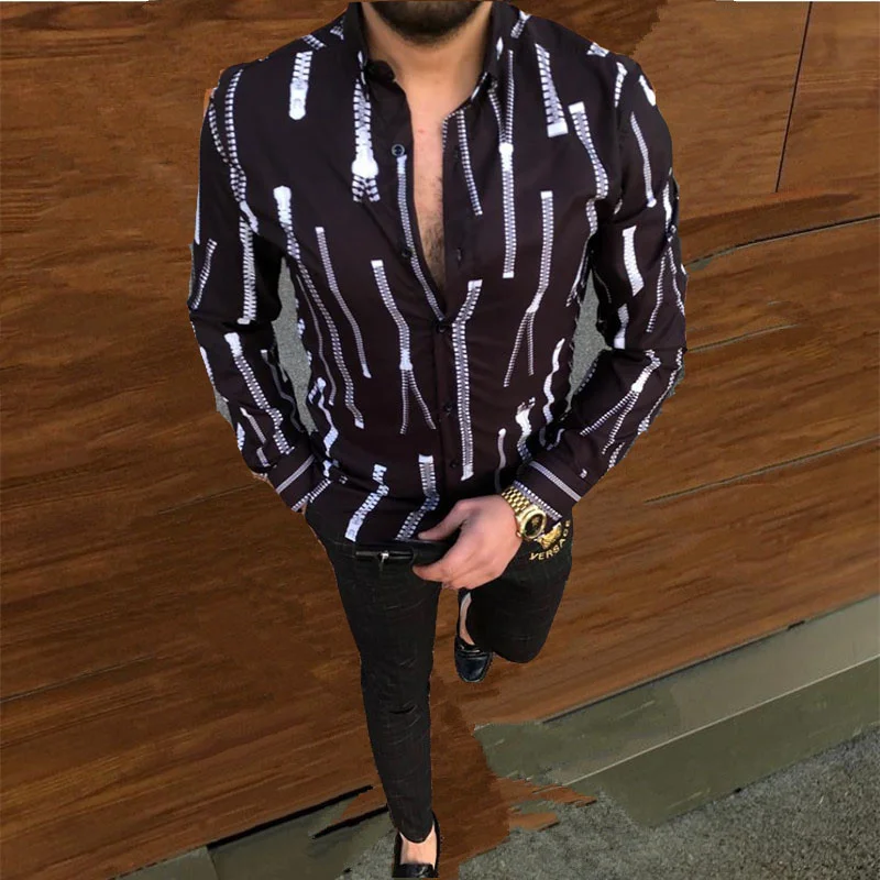 

Fashion Men's Black Striped Shirts 2021 New Tide Slim Fit Long Sleeve Men Shirt Clothes Man Printed Shirts
