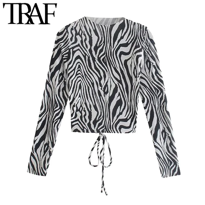 

TRAF Women Sexy Fashion With Tied Animal Print Cropped Blouses Vintage Backless Long Sleeve Female Shirts Chic Tops
