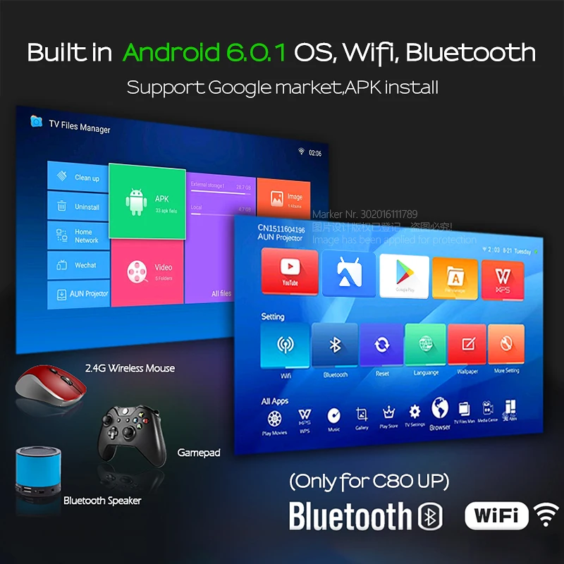 AUN Proyector C80 UP разрешение 1280x720 2200 люмен с Android wifi HD мультимедийный проектор для