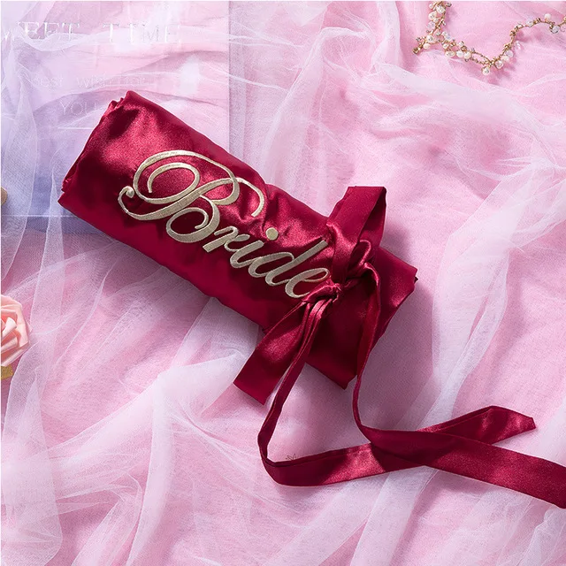 burgundy bride Халат для невесты, подружки невесты, Атласный халат, Элегантная пижама, сексуальный женский халат из вискозы, халат, кимоно, Шелковый банный халат, для сна, для отдыха - Цвет: burgundy bride