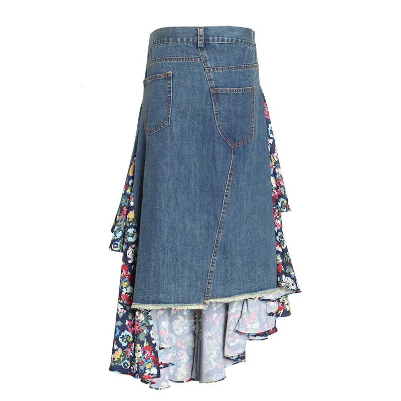 

High Quality Clothes For Women 2019 Autumn New Fashion Irregular Contrast Color Patchwork Denim Skirt Flounce Hot