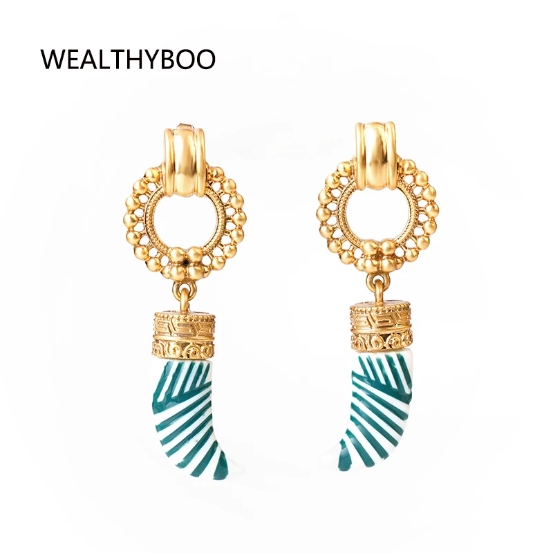 

Bohemia Enamel Ivory Pendant Stud Earrings Chic Women Girls Carved Geometric Statement Earrings Beach Accessories
