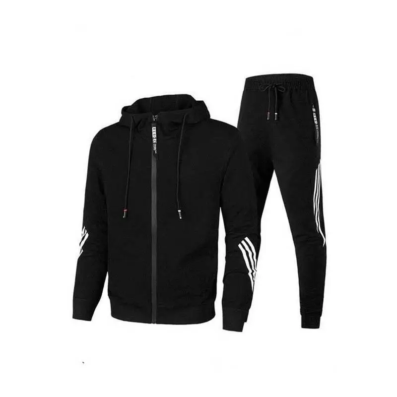 

New Men's Clothing Summer Casual Zipper Hooded Sweatshirt Stripe Pattern Lace Up Pants Fashion Jogging Men's Sets