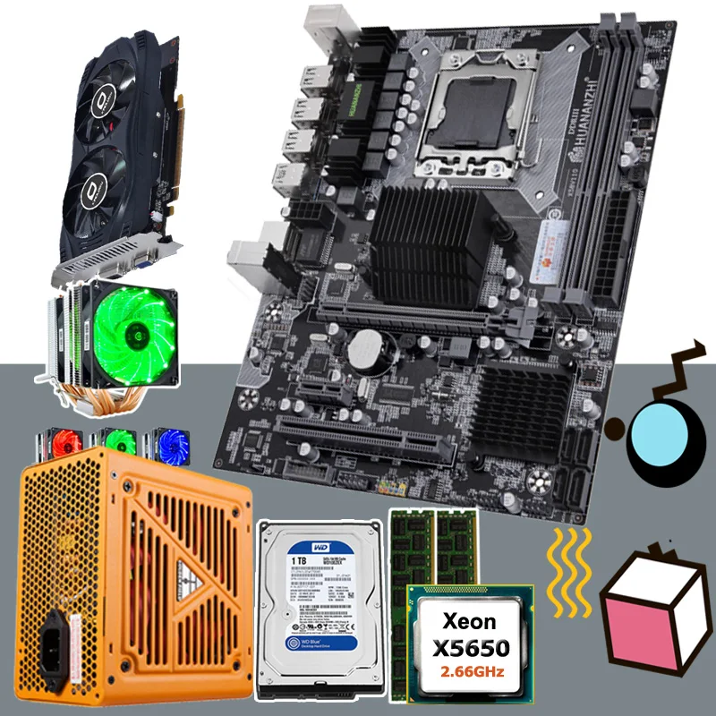 Материнская плата HUANANZHI X58 LGA1366 с процессором Intel Xeon X5650 2,66 GHz с кулером ОЗУ 8G(2*4G) 1 ТБ HDD GPU GTX750Ti 2GD5 500W PSU