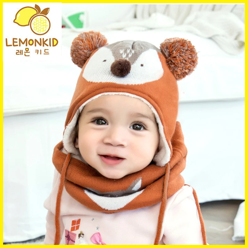 Lemonkid 2Pcs/Lot Baby Winter Hat Scarf Cartoon Fox Cap Children Warm For Boys Suit Beanie Velvet Girl | Детская одежда и обувь