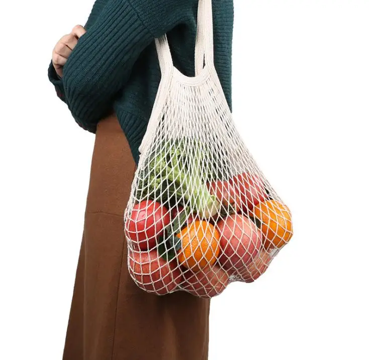 Beste 100Pcs Boodschappentassen Handtas Shopper Tote Mesh Netto Geweven Katoen Pouch String Herbruikbare Fruit Opbergtas Groenten Organizer Sn
