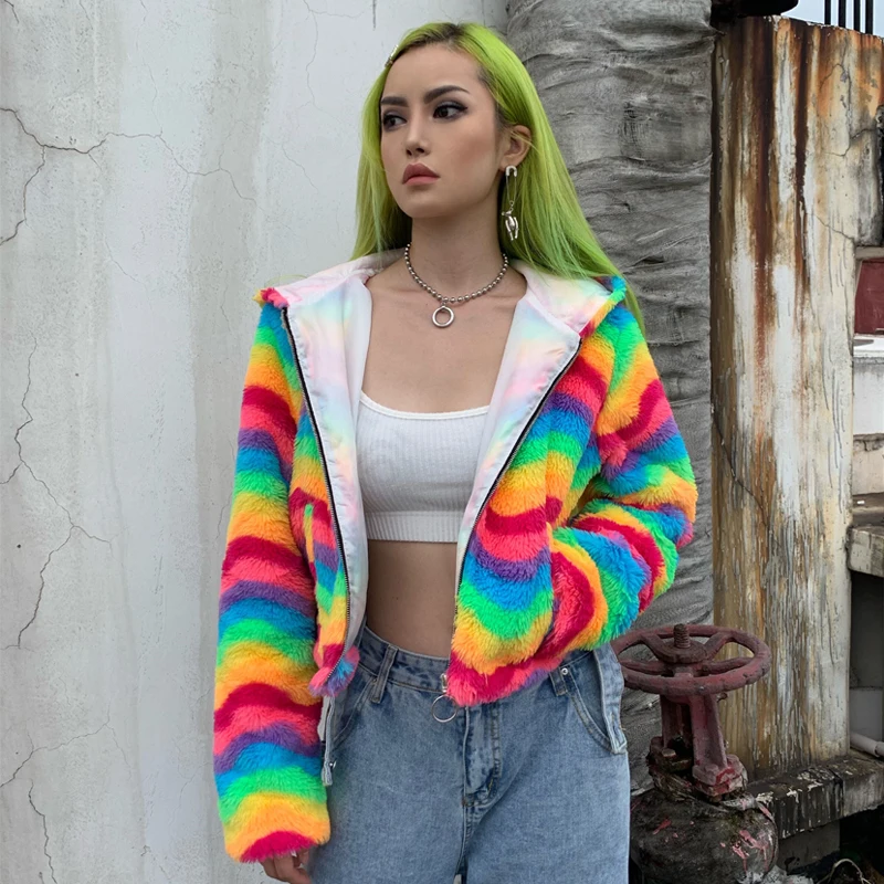 2019 Осень Зима Новая Женская мода с капюшоном Радуга плюшевая теплая куртка