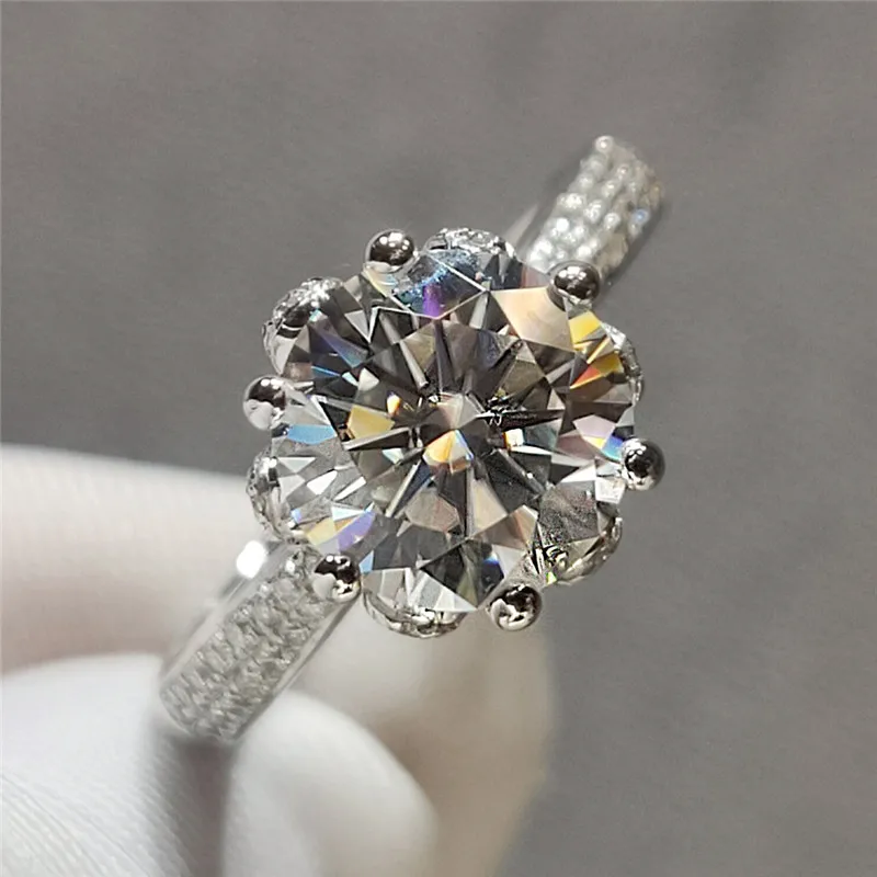 

100% Real 18K White Gold 2 Carat Excellent Cut Diamond Test Past D Color Moissanite Rose Shape Wedding Ring Female Jewelry Gift