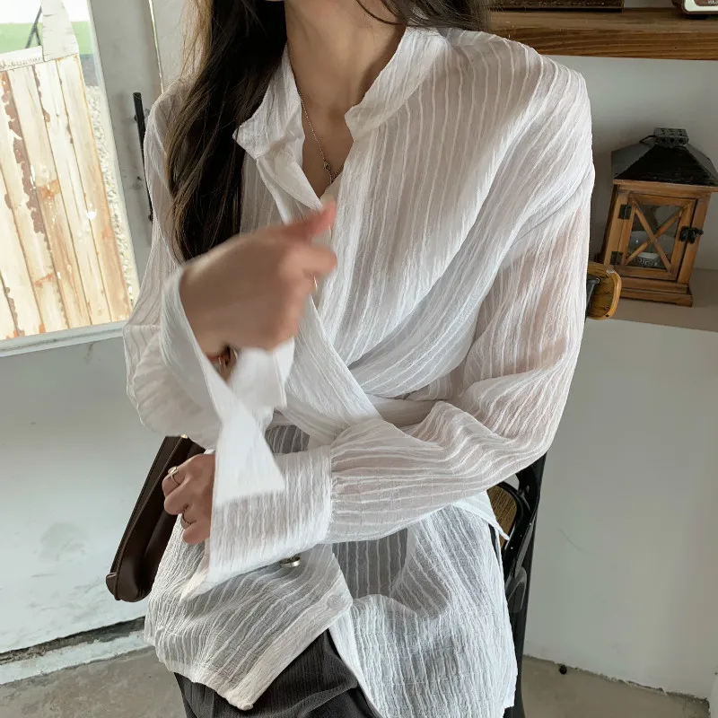 

Loose Cross Slim Waist Striped Chiffon Shirts 2021 Spring Long-sleeved Blusas Women Office Ladies All Match Oversized Shirts