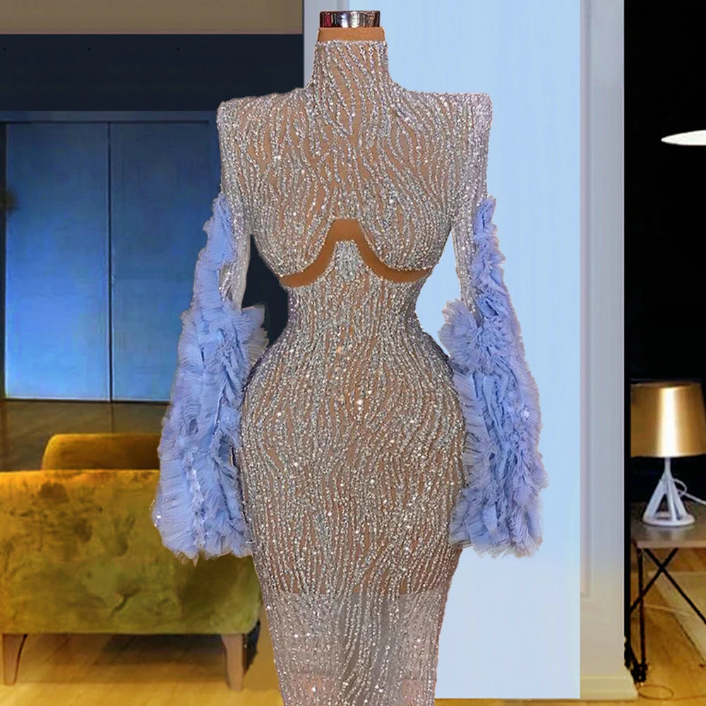 

YILIBER Evening dresses 2021 vintage vlack pearls long sleeves evening gowns beading prom dresses for women short dresses