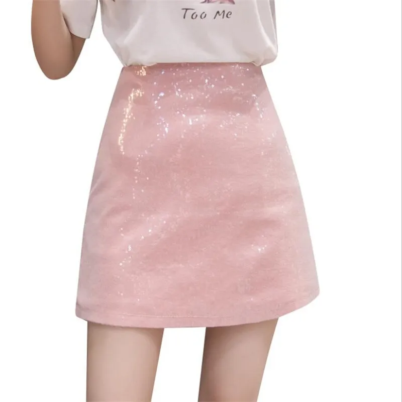 Юбка женская короткая трапециевидная из экокожи с высокой талией и блестками |