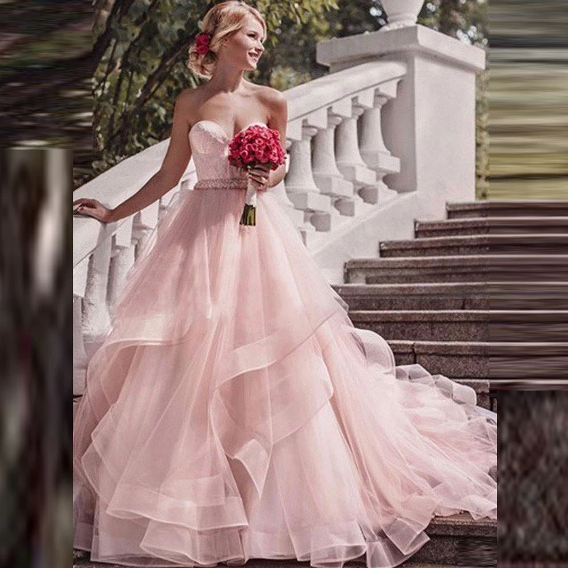 

Vintage Gorgeous A Line Blush Pink Lace Bridal Wedding Dresses Back Out Sweetheart Bow Belt Wedding Gowns for Bride Tiered Skirt