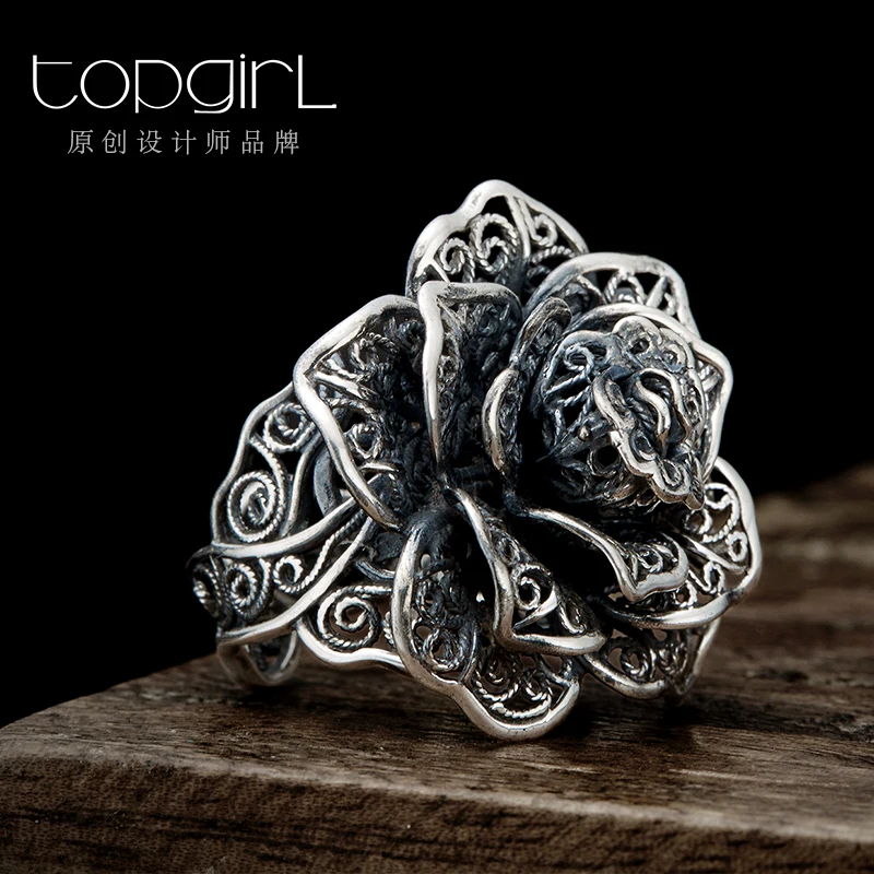 

Topgirl Original Handmade Pure Silver Beautiful Flowers Ring Female Vintage Thai Silver Accessories Index Finger Ring Gift