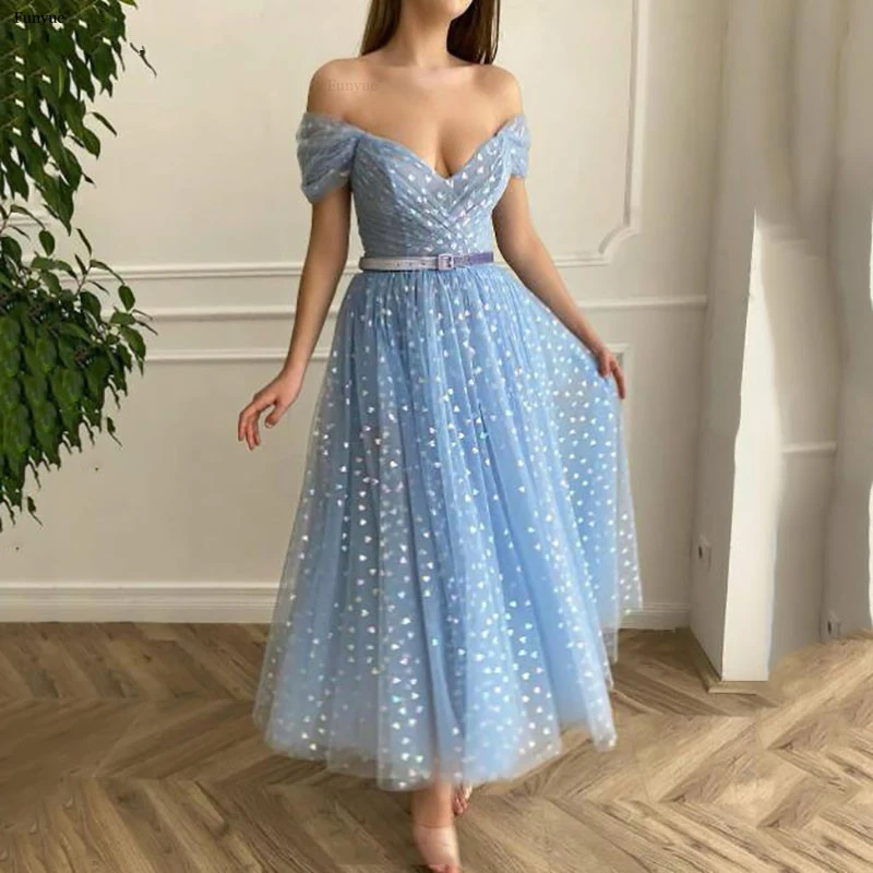 

Elegant Sky Blue Prom Dress 2021 Charming V-Neck Off The Shoulder A Line Tulle Evening Party Gowns Ankle-Length Vestidos De Gala