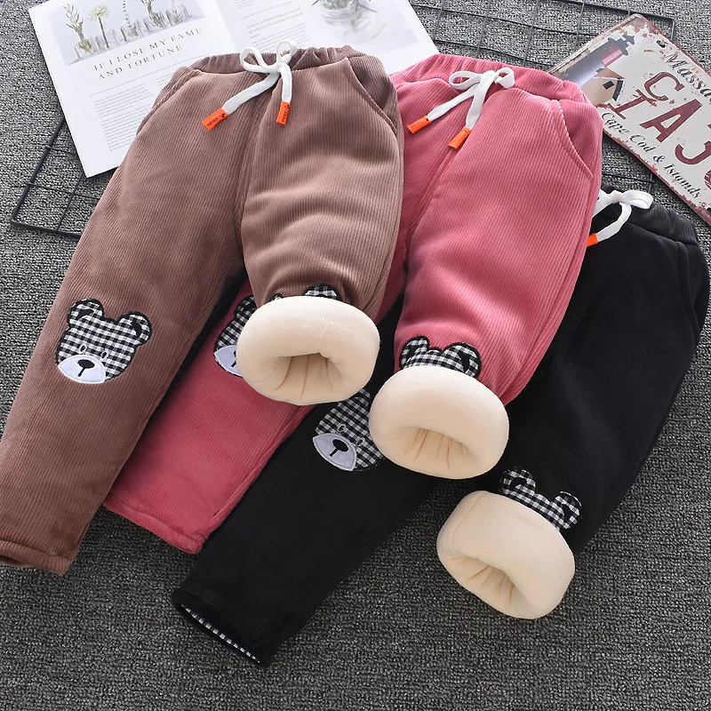 

Kids Winter Pants Boys Warm Thick Trousers Girls Plus Thick Velvet Pants Baby Cartoon Print Bottoms Children Clothes 2-8 Years