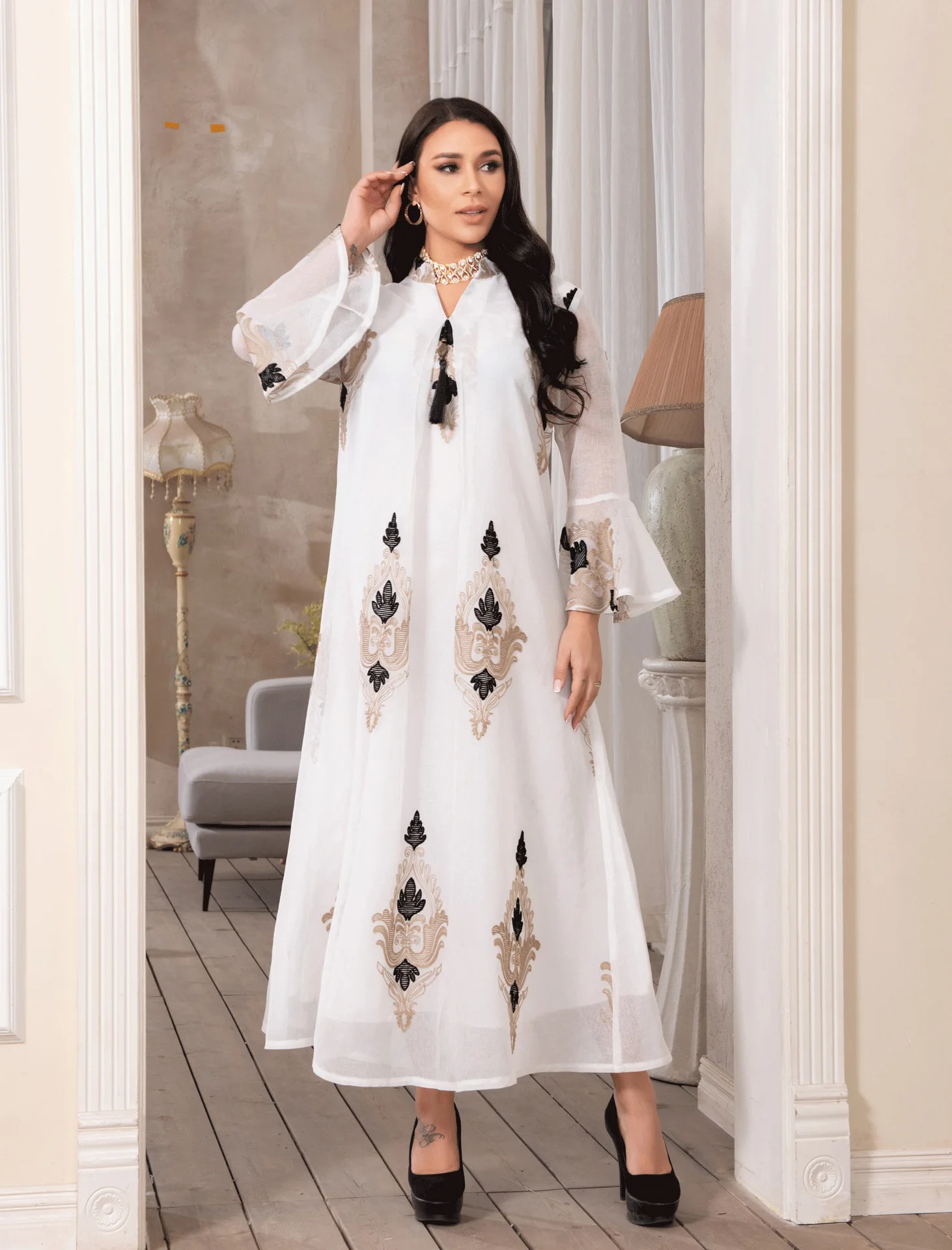 

Turkey Abaya Dubai Muslim Dress Embroidery African Evening Dresses for Women White Islam Clothing Caftan Abayas Vestidos Largos