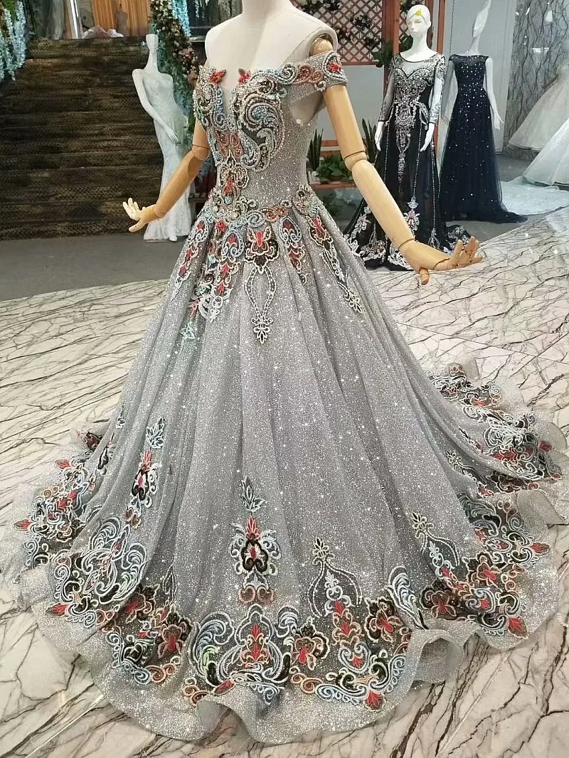 BGW 31123ht Grey Shiny Mother Of Bride Wedding Party Dresses Off Shoulder Sweetheart Bling A-line Evening Dress With Brush Train | Свадьбы и