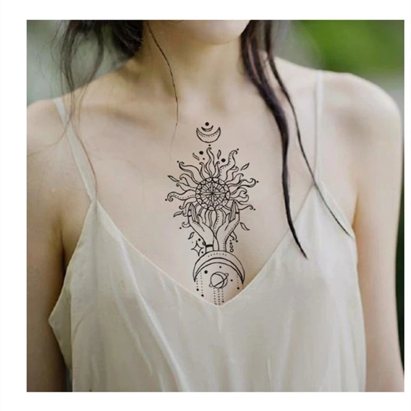 30Pcs Temporary Moon Lotus Sexy Fake Tattoo Sticker For Woman Hands Clavicle Arm Body Waterproof Disposable Decorative Art Decal