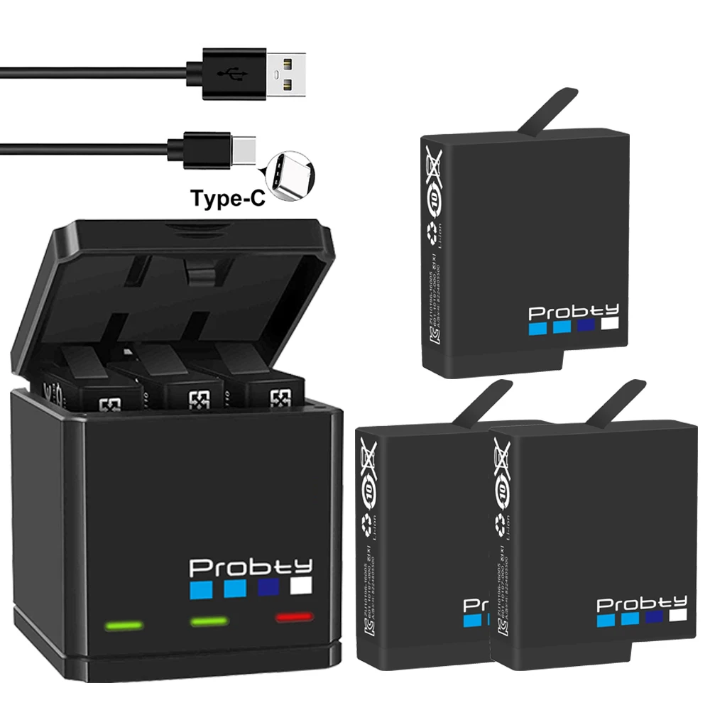 Probty для GoPro Hero 7 6 5 аккумулятор 1680 мАч + тройное Зарядное устройство USB Type C черные