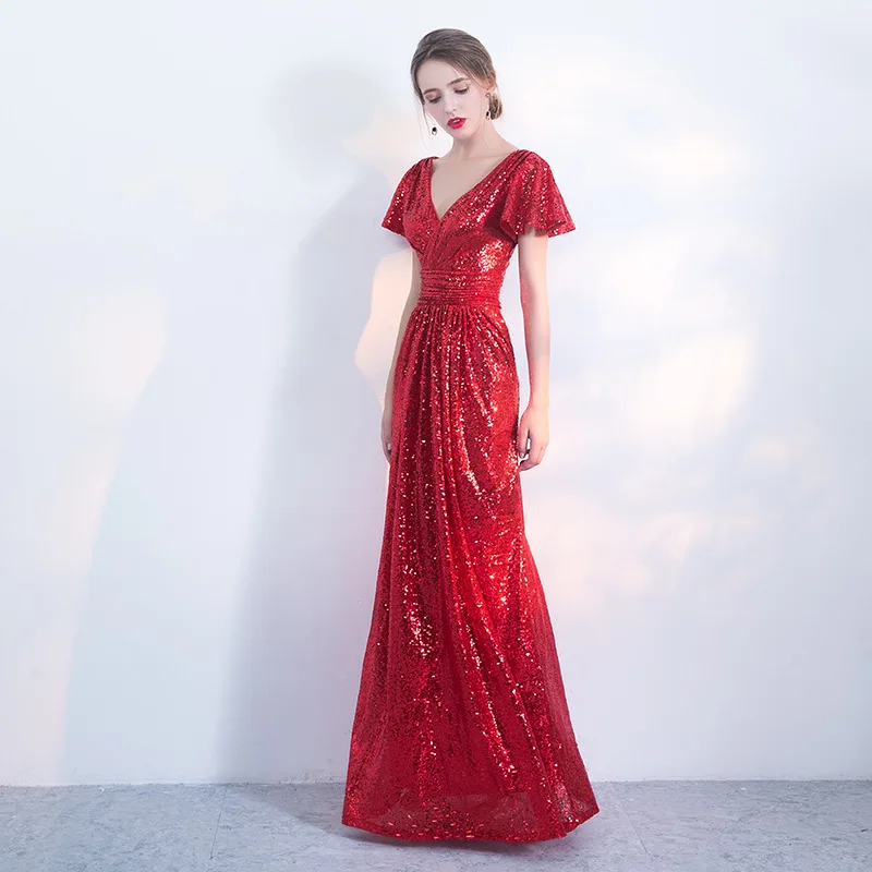 Фото Длинное красное вечернее платье с v образным вырезом блестящее трапециевидной