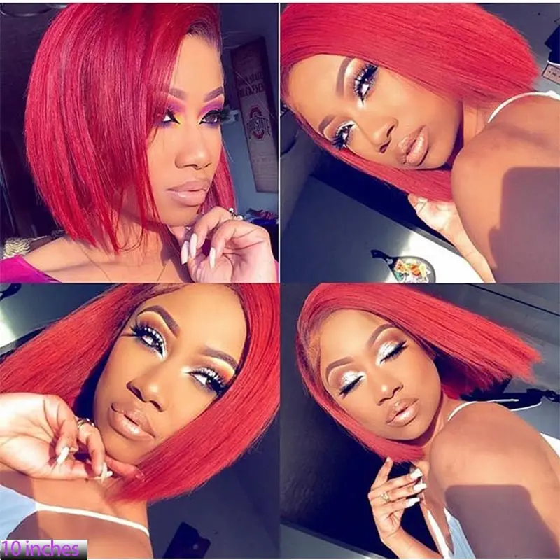 Красный боб парик бразильский 13X4 Короткий кружевной передний человеческих волос