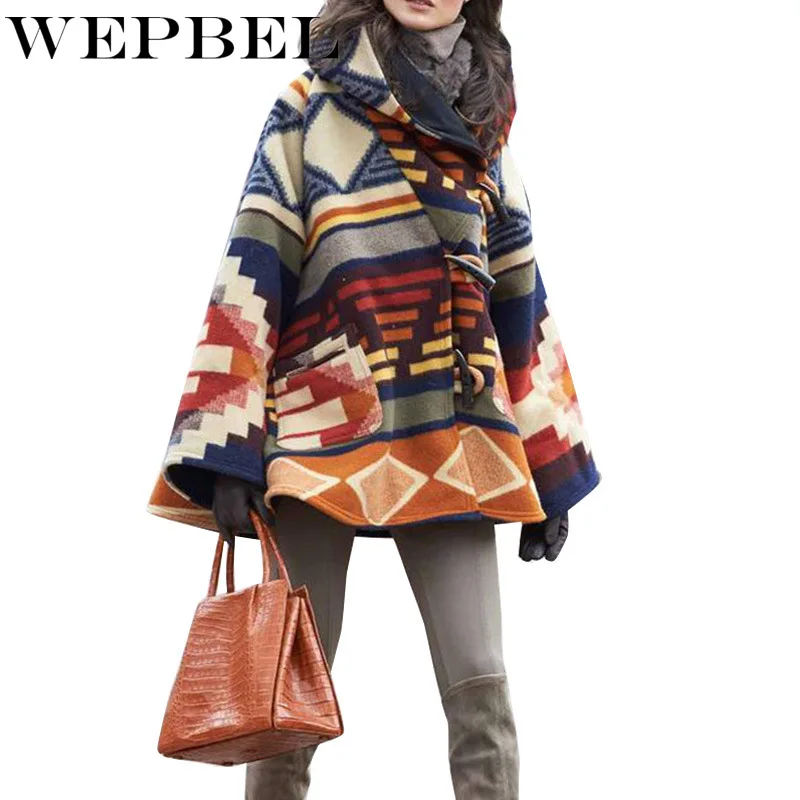

WEPBEL Women's Casual Long Sleeve Printed Hooded Jacket Spring and Autumn Fashion Loose Horn Button Coat