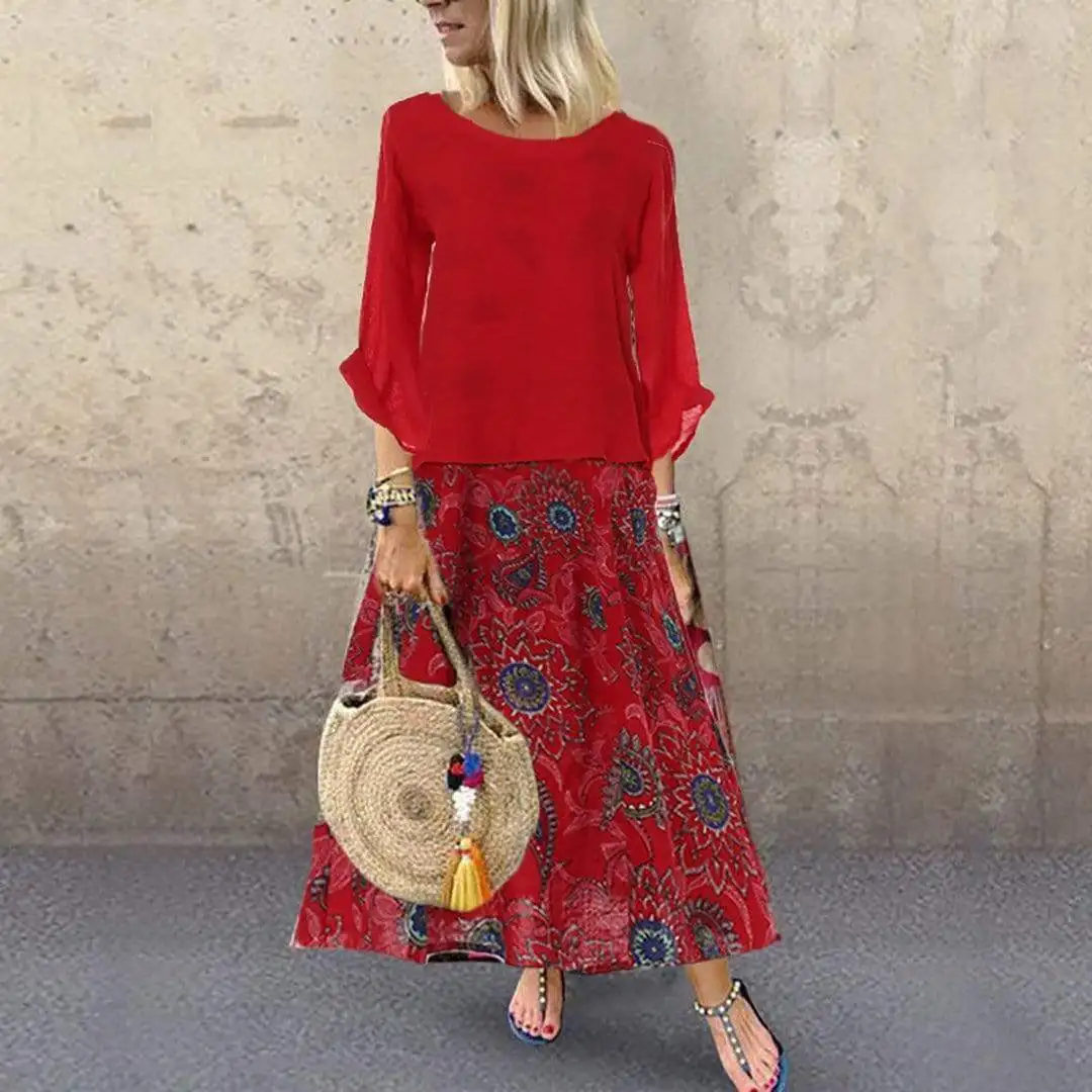 Женское длинное платье макси в стиле бохо Повседневное двойка с длинным рукавом