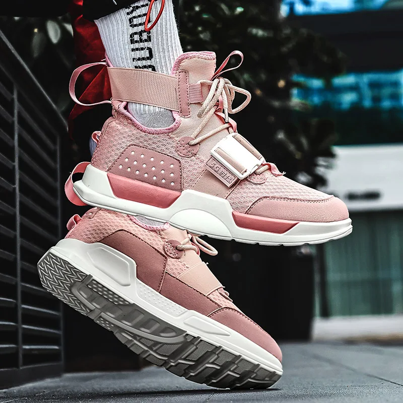 Женские кроссовки унисекс розовые высокие на платформе повседневная обувь