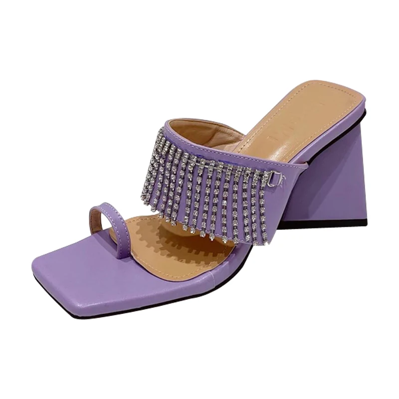 

Purple Sandals Silver High Heel Slippers Summer Rhinestone Tassel Chunky Sandals Tong Femme Shoes For Women Heels Dames Slippers