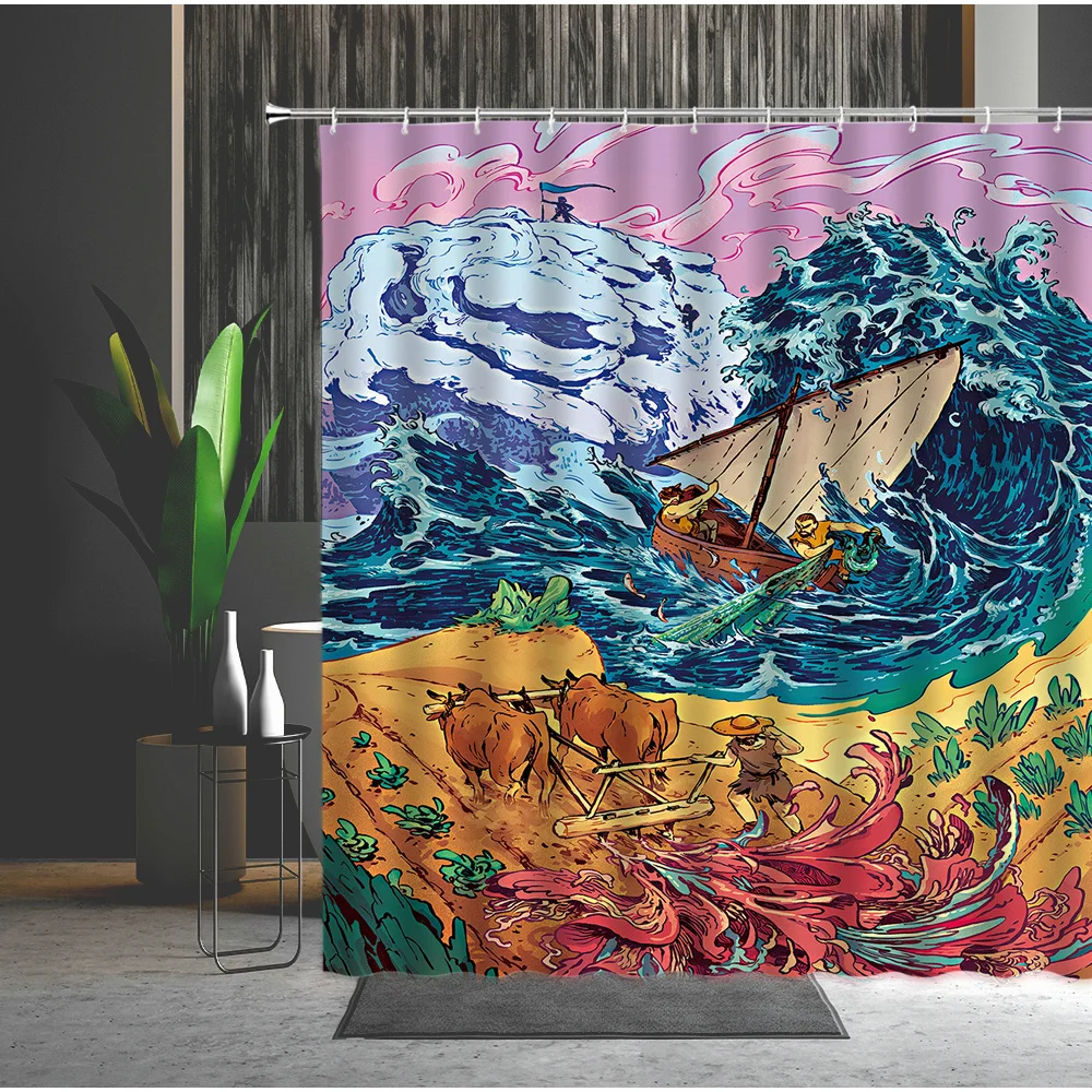 Занавеска для ванны в японском стиле с изображением ландшафта волнистая стая