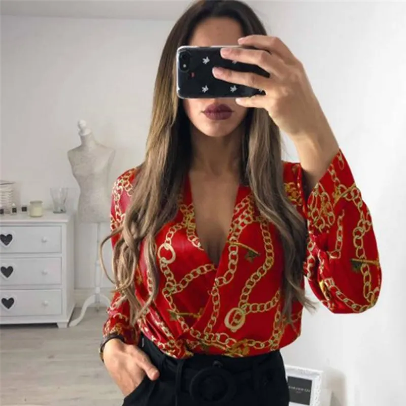 Sexy Deep V Neck Long Sleeve Blouse Casual Playsuit Vintage Print Bodysuit Women Tops | Женская одежда