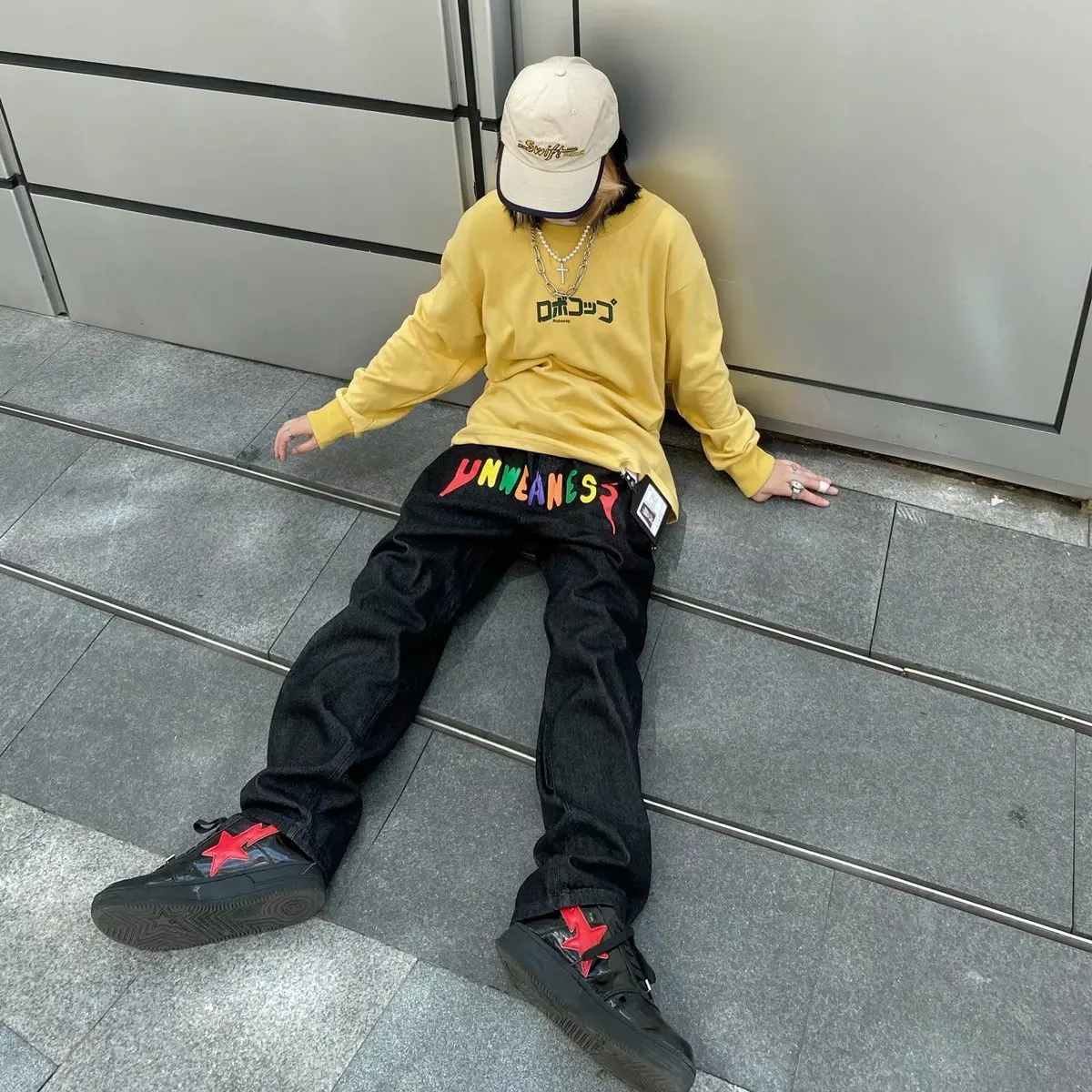 V-hanver Letter Print Denim Pants Mens High Street Loose Straight-leg Pants Streetwear Casual Jeans Trousers Unisex Plus Velvet