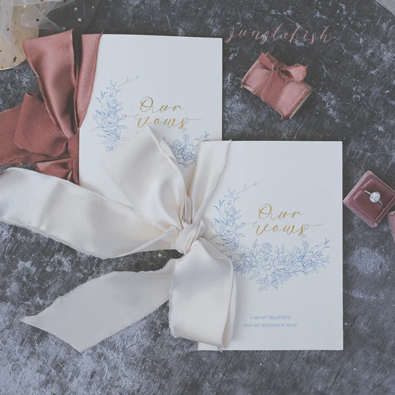 

2pcs Romantic Wedding Vows Card with Satin Chiffon Ribbons Wedding Favor Bridal Shower Photo Props Flatylay His Her Vow Cards