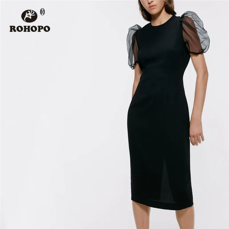 ROHOPO Tulle Puff рукав круглый воротник назад подол скольжения Bodycon черное женское платье-миди элегантные тонкие Вечерние платья#9352