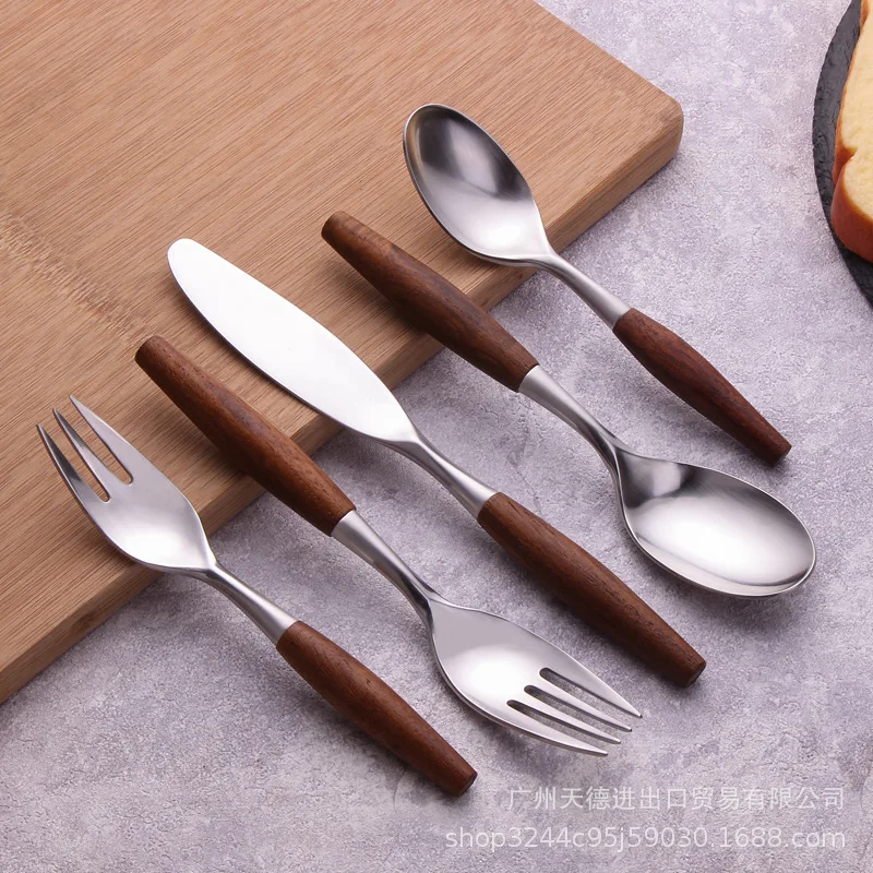 

Wooden Tableware 304 Stainless Steel Knife Fork Tableware Glossy Western Knife Fork Teaspoon Cutleries Dinnerware Home Kitchen