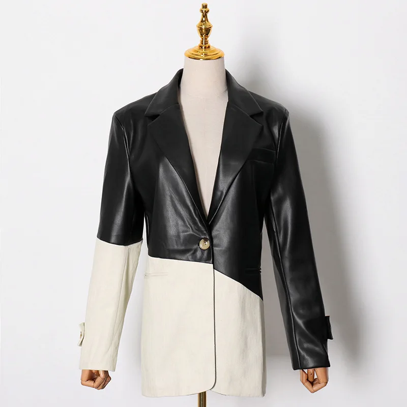 

2020 Winter New Fashion Women Street Commuter Handsome Black and White Contrast Stitching Texture PU Leather Blazer Women Jacket