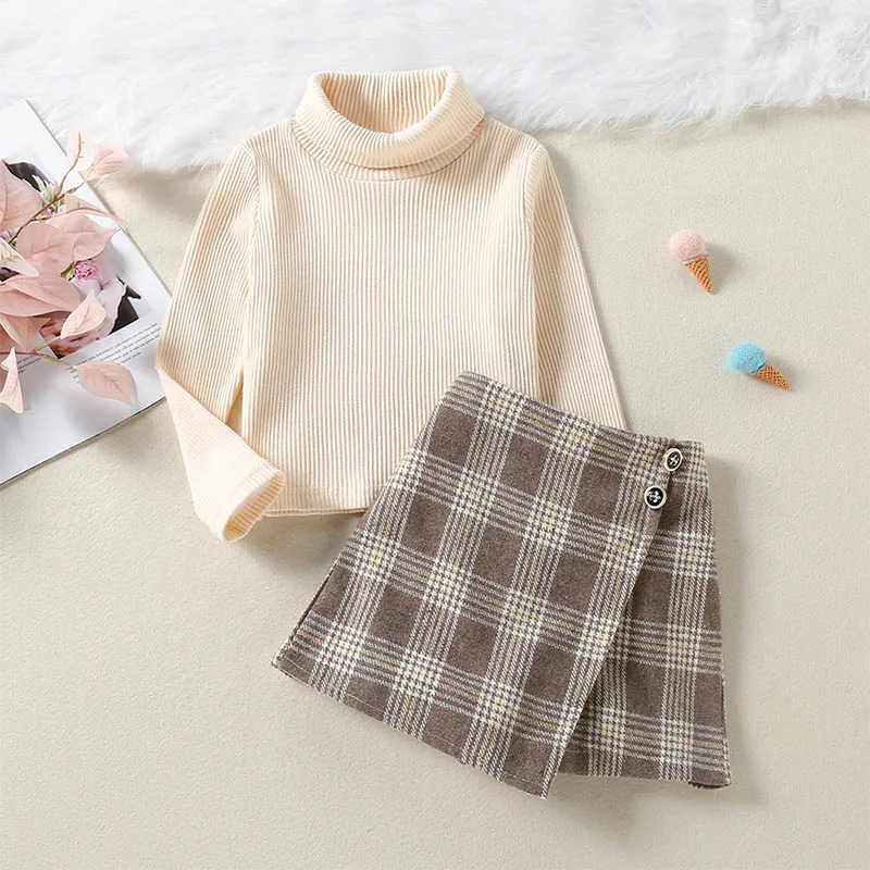 

Melario/Одежда для маленьких девочек 2021 г., Новый Модный осенне-зимний однотонный топ + клетчатая юбка, комплект из 2 предметов, комплект с юбкой ...